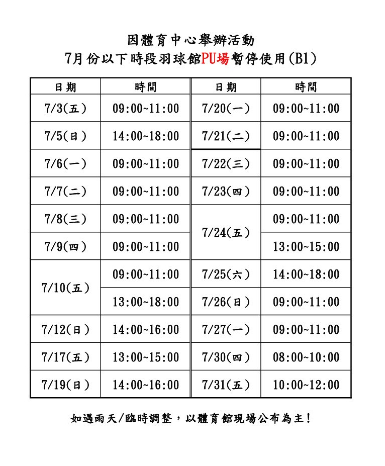 7月羽球PU場地暫停開放