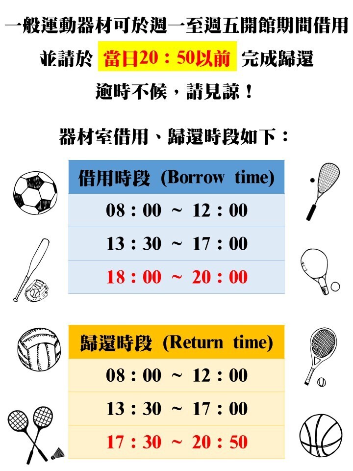 體育館運動器材借歸還時間表